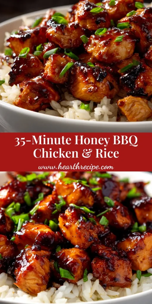 An overhead shot of a skillet filled with delicious Honey BBQ Chicken Rice, garnished with fresh parsley. The chicken is glazed and the rice is fluffy, ready to be served.
