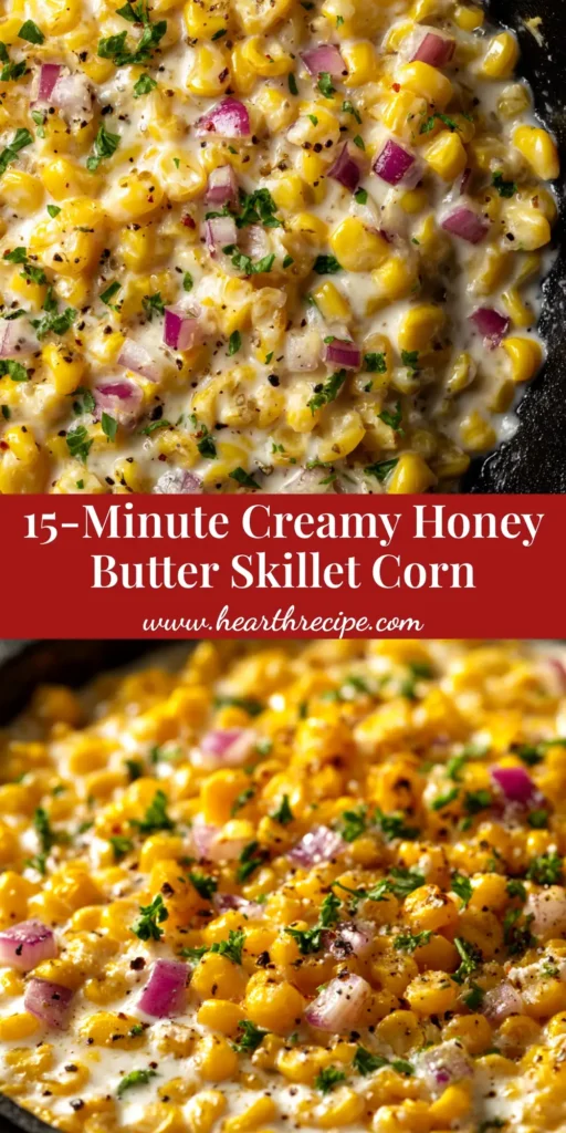 A top-down view of Honey Butter Skillet Corn in a cast-iron skillet, garnished with fresh parsley. The corn is golden and glossy from the honey butter sauce.