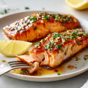 A close-up macro shot of two honey garlic glazed salmon fillets, highlighting the juicy texture and caramelized glaze.