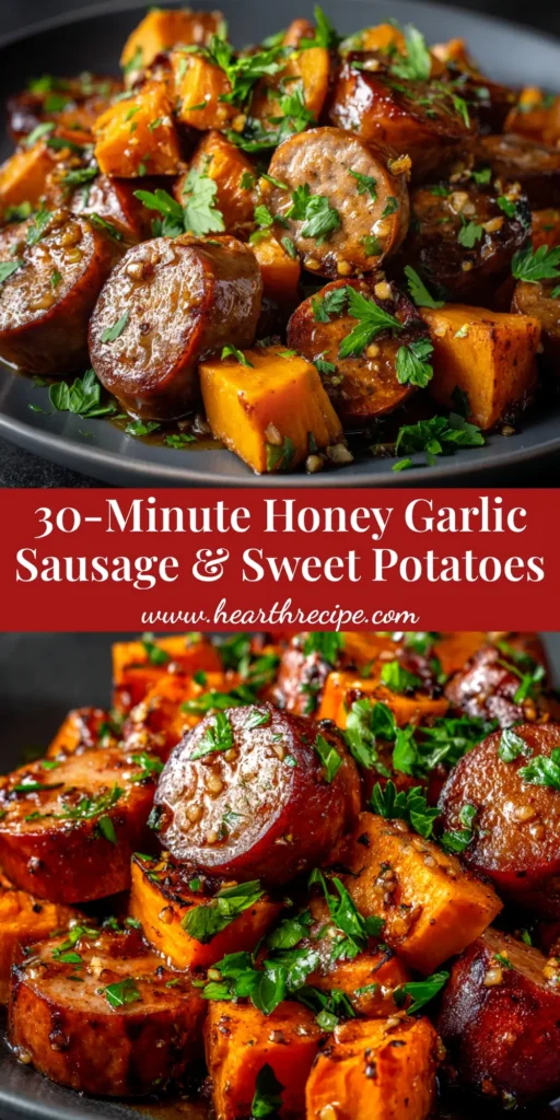 A top-down view of a sheet pan with honey garlic sausage and sweet potatoes, fresh out of the oven with a caramelized glaze. The perfect one-pan weeknight dinner.