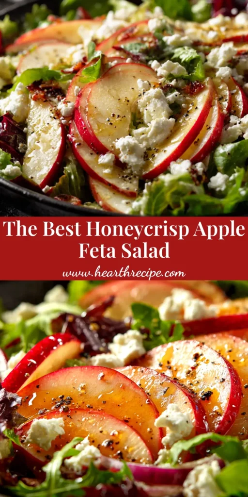 A large white bowl filled with Honeycrisp Apple Salad, featuring mixed greens, sliced apples, feta, and walnuts, with a creamy poppy seed dressing.