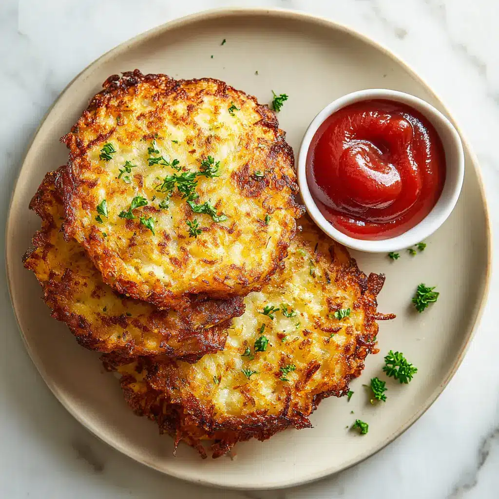 Air Fryer Frozen Hash Browns (The Crispiest, Easiest Method!) 2 Golden hash brown patties arranged in a single layer inside an air fryer basket before cooking.