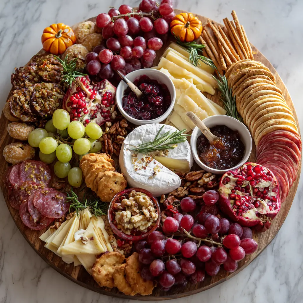 Assembling a sweet charcuterie board for Thanksgiving with various treats being placed around small bowls of dips on a wooden platter.