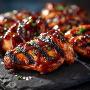 Juicy grilled boneless chicken thighs being brushed with BBQ sauce on the grill. The flames in the background highlight the smoky char.