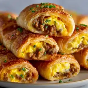 A close-up shot of a sausage, egg, and cheese breakfast roll-up being assembled on a soft flour tortilla.
