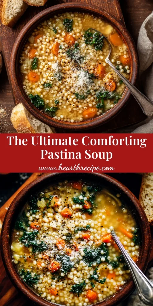 A warm bowl of classic Italian Pastina Soup, often called 'Italian Penicillin,' topped with freshly grated Parmesan cheese and black pepper. A spoon rests in the comforting soup.