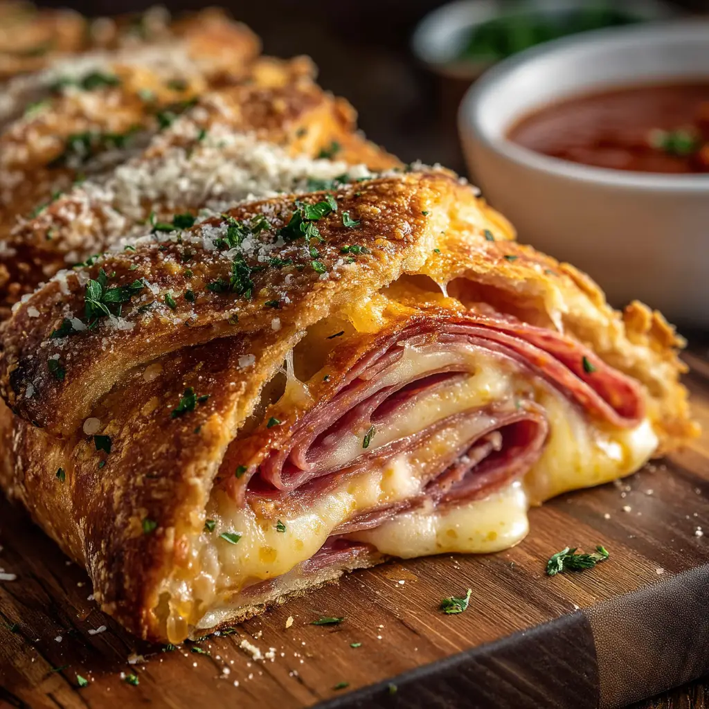 Pizza dough rolled out into a rectangle and layered with provolone, salami, pepperoni, and mozzarella before being rolled into a stromboli log.