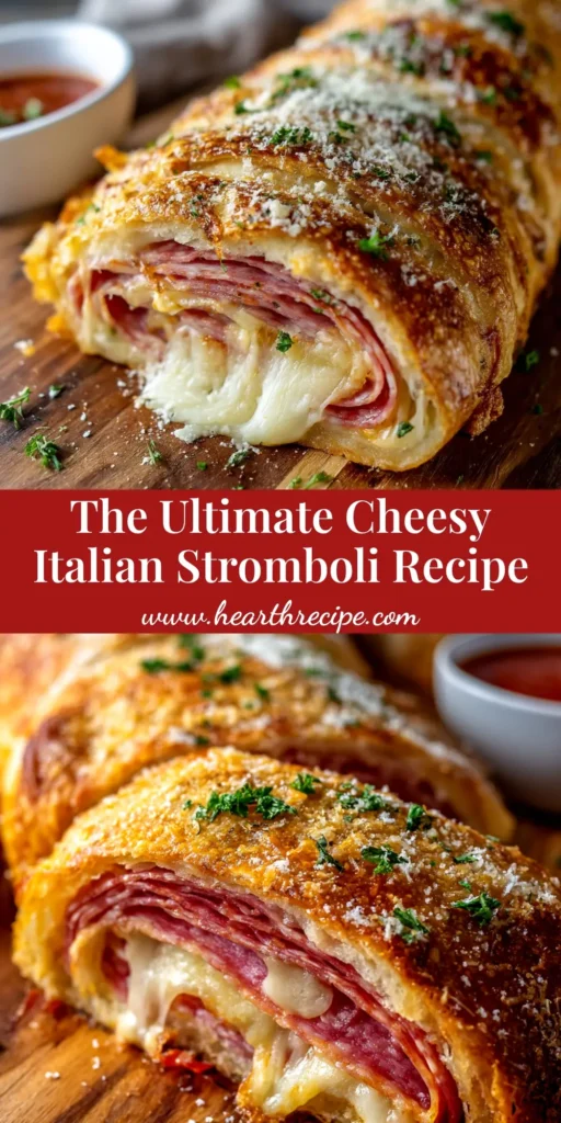 A beautiful golden-brown baked Italian Stromboli sliced on a wooden board, revealing layers of cheese and meat. This image showcases an easy and authentic Italian Stromboli Recipe.