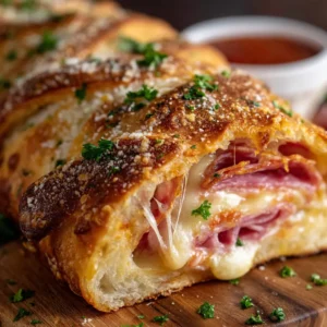 An extreme close-up of a slice of Italian Stromboli, showing the melted mozzarella and provolone cheese alongside layers of pepperoni and salami.