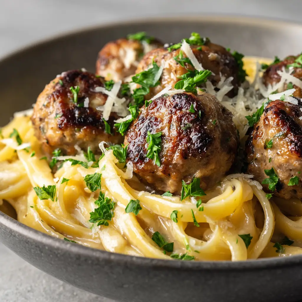 A spoonful of garlic butter meatballs being lifted from a skillet, with the rich, buttery sauce dripping off.