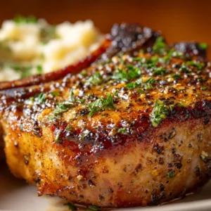 A plate of juicy baked pork chops, garnished with fresh parsley. The pork is cooked to perfection, highlighting a simple and effective oven-baking technique.