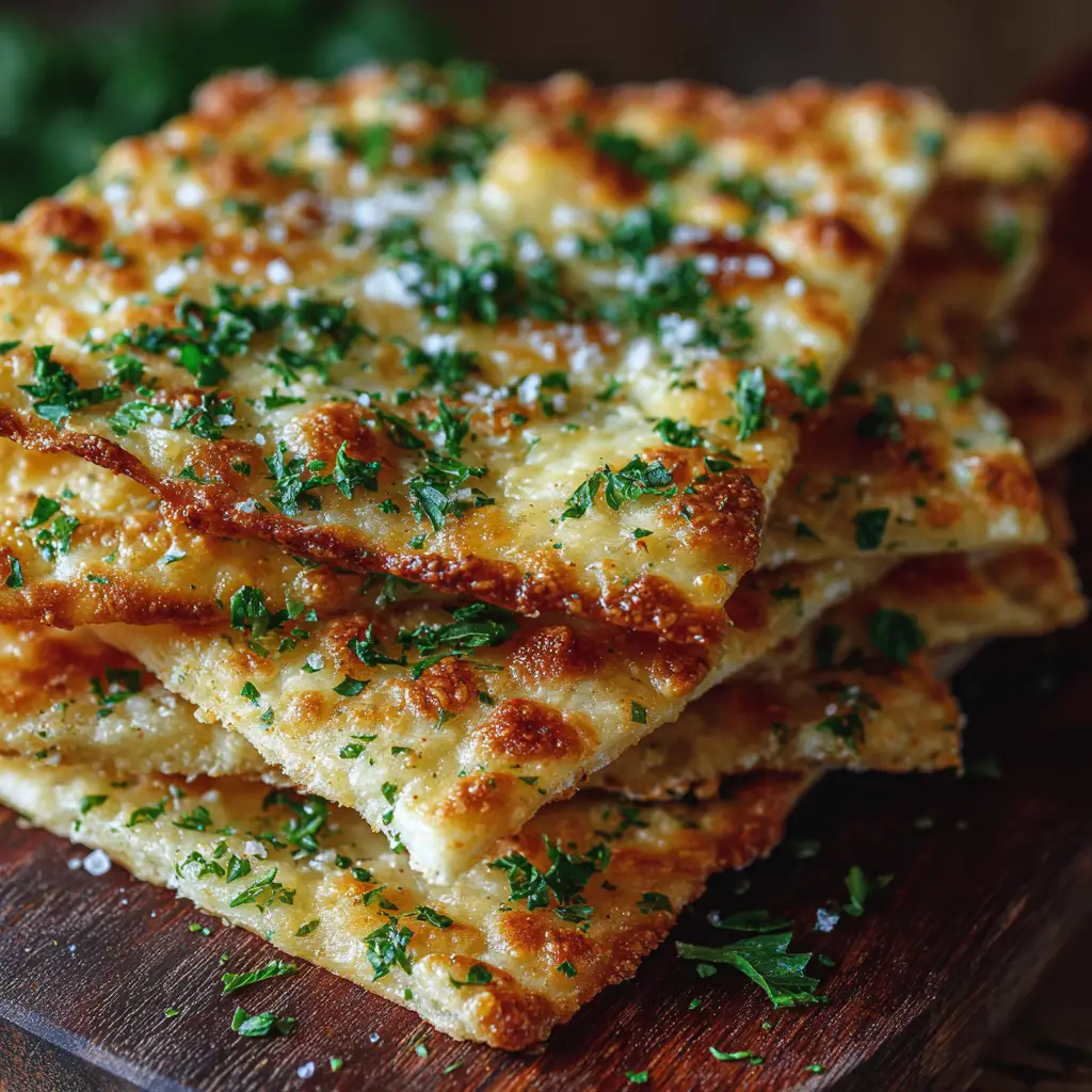 A slice of keto garlic flatbread being pulled apart to show a satisfying cheese pull.