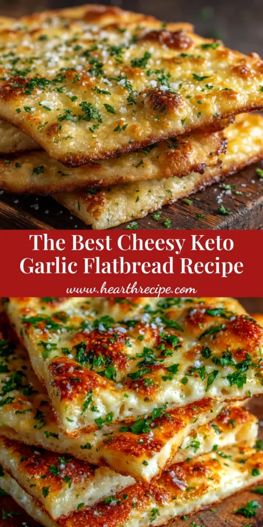 A shareable pin image showing slices of cheesy keto garlic flatbread on a rustic board with a text overlay.
