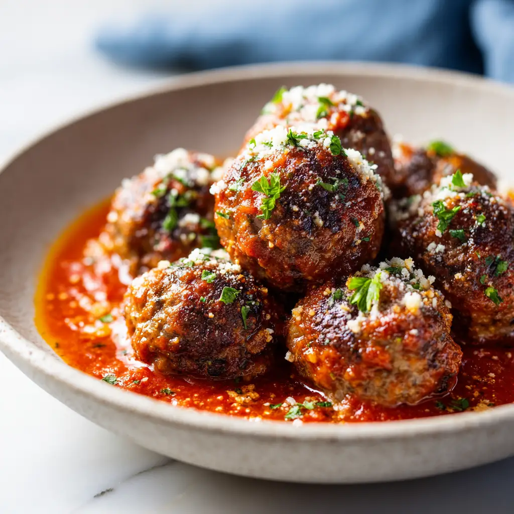 A bowl of Keto Italian Meatballs served with zucchini noodles and a sprinkle of Parmesan cheese. The ideal low-carb dinner.