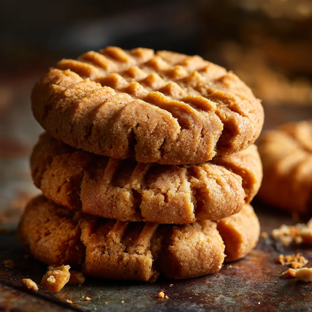 A stack of keto peanut butter cookies ready to be eaten, arranged neatly on a plate.