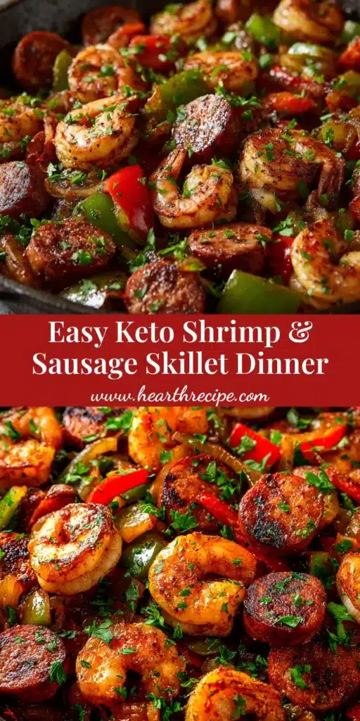 A top-down view of a cast iron pan filled with Keto Shrimp and Sausage Skillet, garnished with fresh parsley.