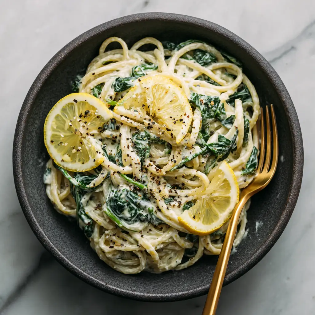 A final plated bowl of lemon ricotta linguine with a fork, garnished with fresh herbs and ready to be eaten.