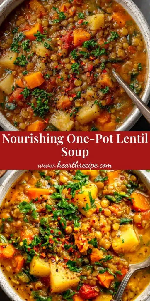 Lentil Vegetable Soup: The Ultimate Hearty Recipe 3 A large white bowl filled with hearty lentil vegetable soup, garnished with fresh parsley. A spoon rests in the bowl, ready to eat.