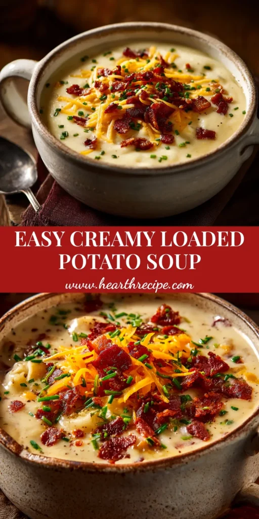 A cozy bowl of creamy loaded baked potato soup, topped generously with shredded cheddar cheese, crispy bacon bits, and fresh chives.