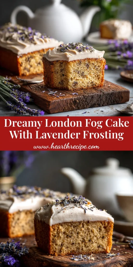 A beautiful hero shot of the full London Fog Cake on a cake stand, decorated with lavender sprigs. The cake has distinct layers and silky white buttercream frosting.