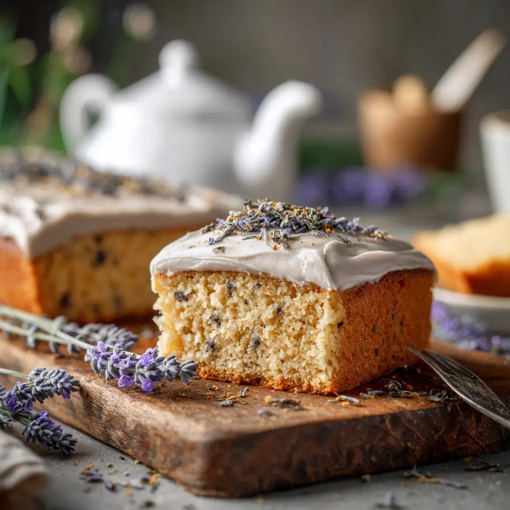 A slice of layered London Fog Cake with vanilla lavender buttercream frosting between the layers.