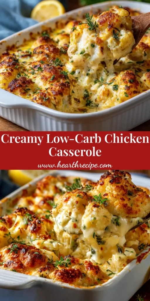 A delicious low carb chicken casserole in a white baking dish, with a serving scooped out to show the creamy, cheesy texture inside. The perfect keto-friendly dinner recipe.