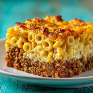 An extreme close-up of a slice of mac and cheese meatloaf, showing the texture of the ground beef and the melted cheddar cheese from the macaroni.