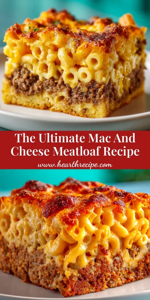 A stunning slice of Mac and Cheese Meatloaf on a plate, revealing a gooey, cheesy macaroni center. The meatloaf is perfectly cooked with a shiny glaze.