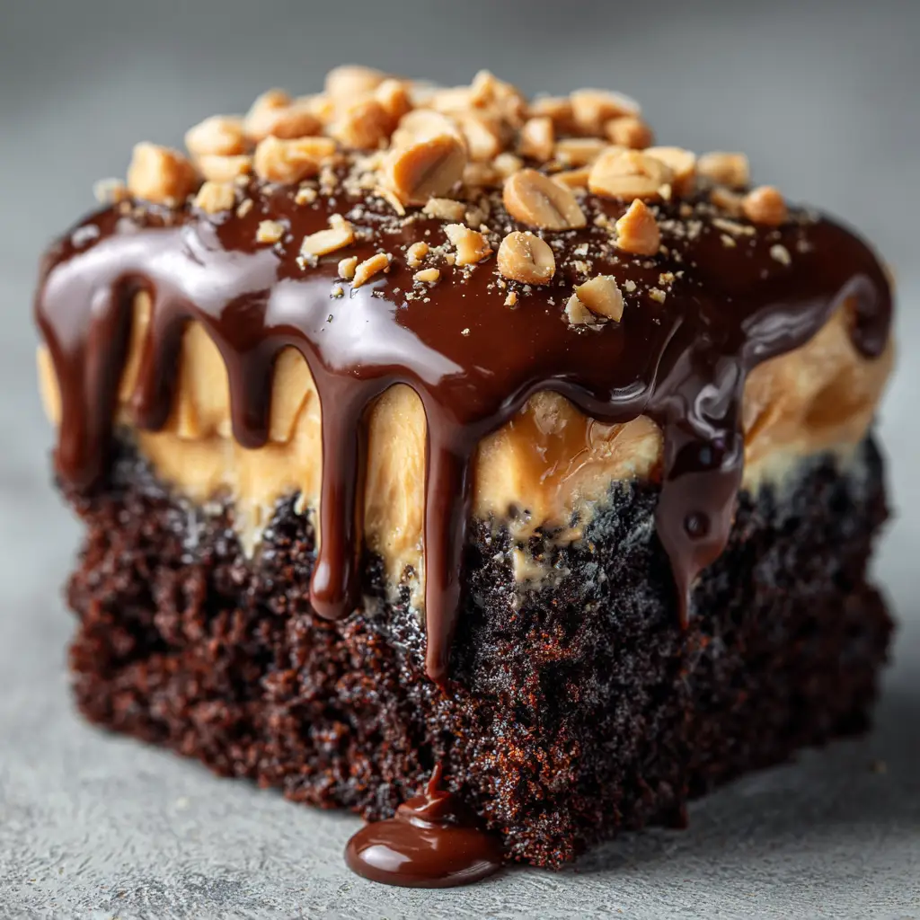 The process of pouring the warm peanut butter filling over the freshly baked and poked chocolate cake, showing how the filling soaks into the holes.