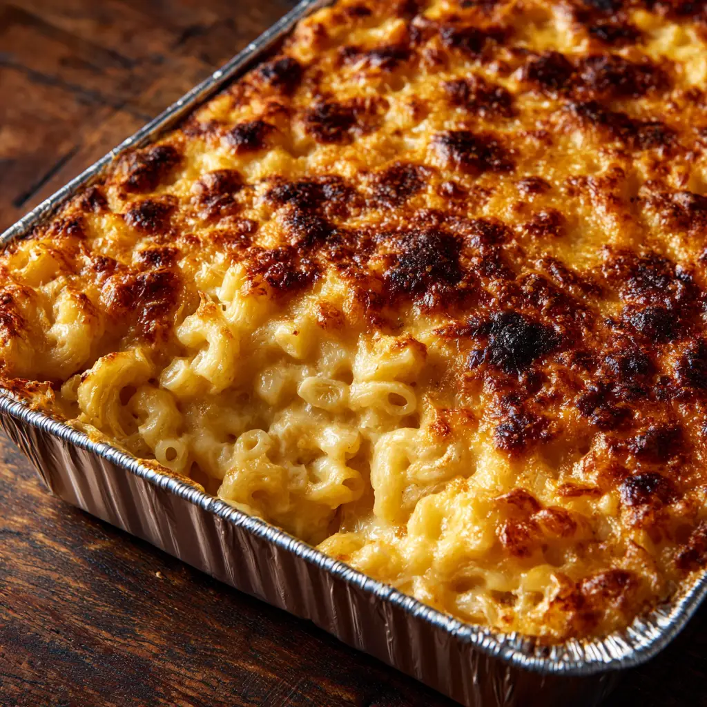 The process of making the cheese sauce for mac and cheese, showing shredded cheese being stirred into a creamy béchamel base in a saucepan.
