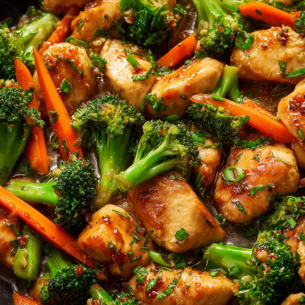 Step-by-step process of making the stir-fry, showing chicken browning in a skillet next to a bowl of blanched broccoli and the prepared sauce.