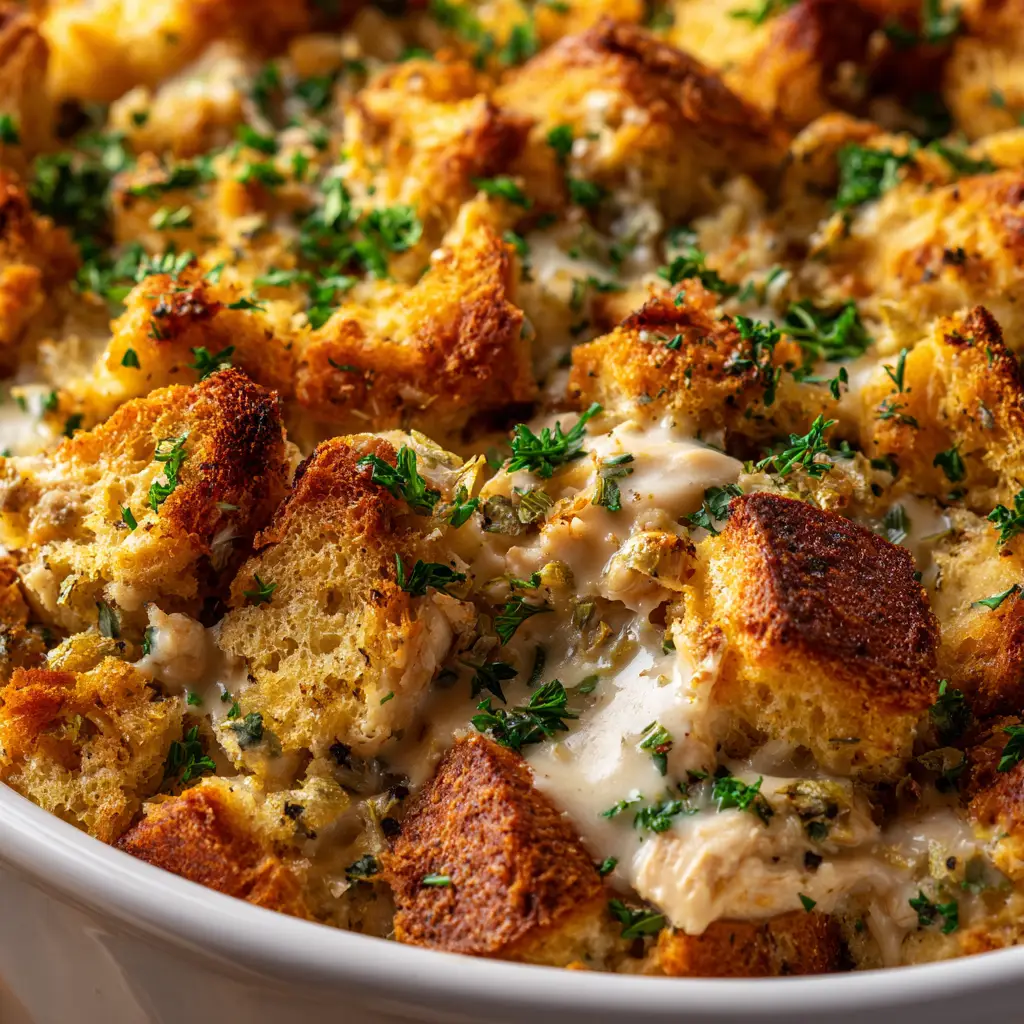 The chicken and stuffing casserole being mixed in a large bowl before being spread into a baking dish.