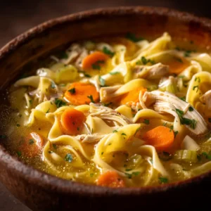 The process of making chicken noodle soup from scratch, showing carrots, celery, and onions sautéing in a Dutch oven.
