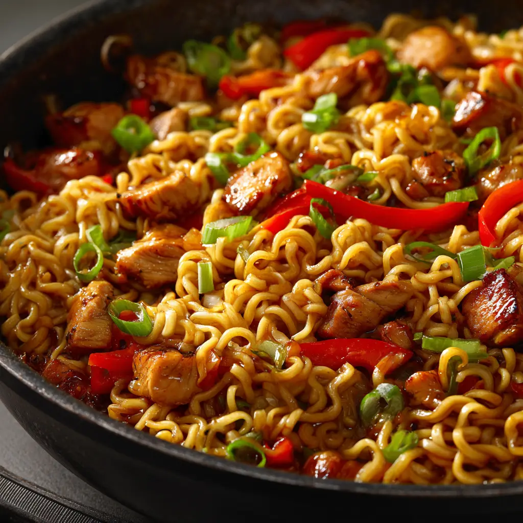 A pan full of instant ramen stir fry with chicken, broccoli, and carrots, showing the final step of combining all the ingredients in the savory sauce.