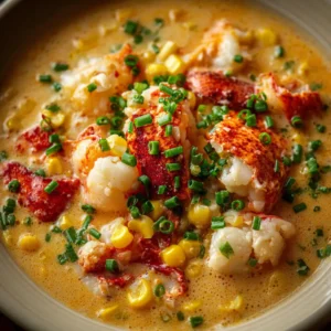 A pot of simmering lobster chowder with chunks of potato and sweet lobster meat in a creamy broth.