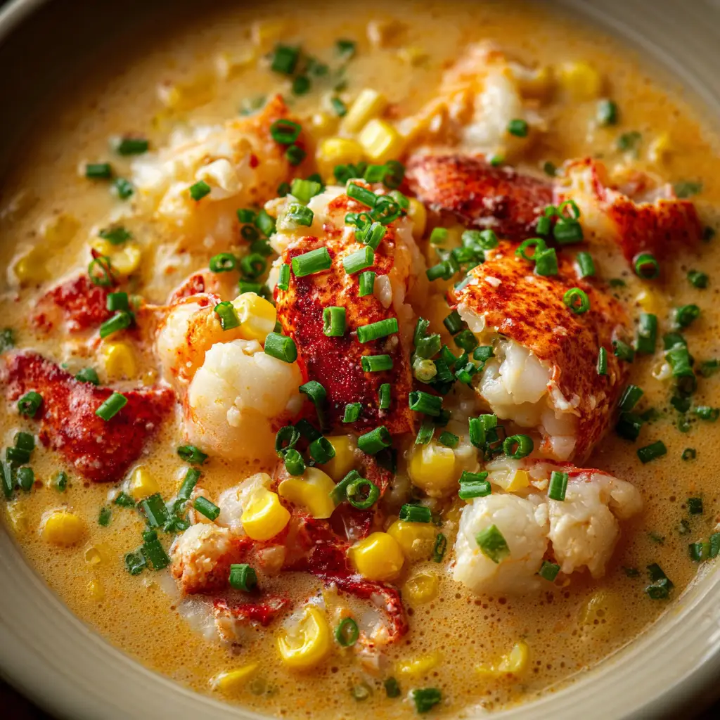 Creamy Lobster Chowder: A Luxurious Meal Made Easy 2 A pot of simmering lobster chowder with chunks of potato and sweet lobster meat in a creamy broth.