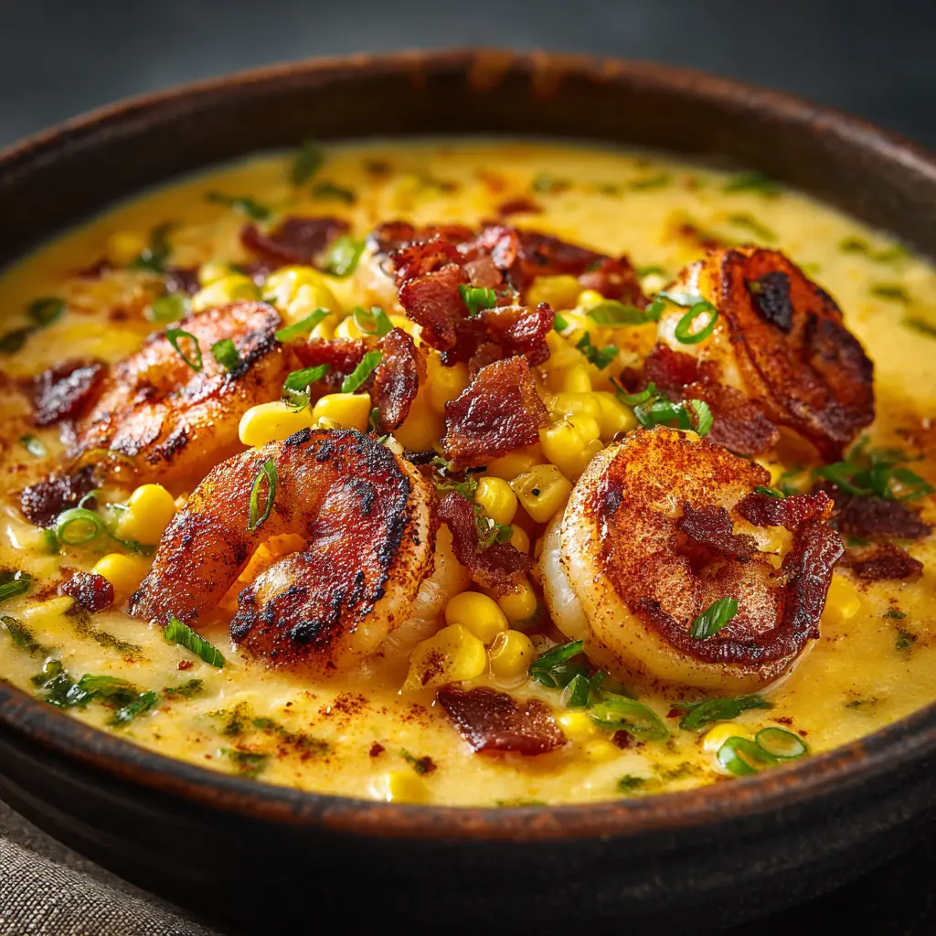 A side view of a Dutch oven filled with simmering shrimp and corn bisque, showing its creamy texture before the final shrimp are added.