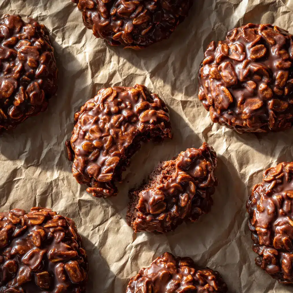 A spoonful of warm no-bake cookie mixture being dropped onto wax paper to set.