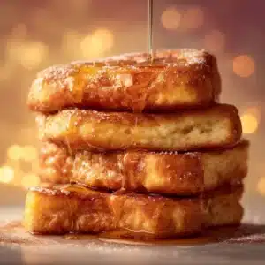 Slices of thick-cut brioche bread soaking in a shallow glass dish with a creamy egg custard mixture, ready to become fluffy French toast.