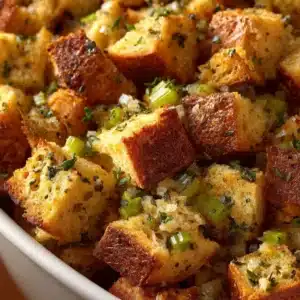 Step-by-step process of making homemade stuffing, with sautéed vegetables being mixed into a large bowl of dried bread cubes.