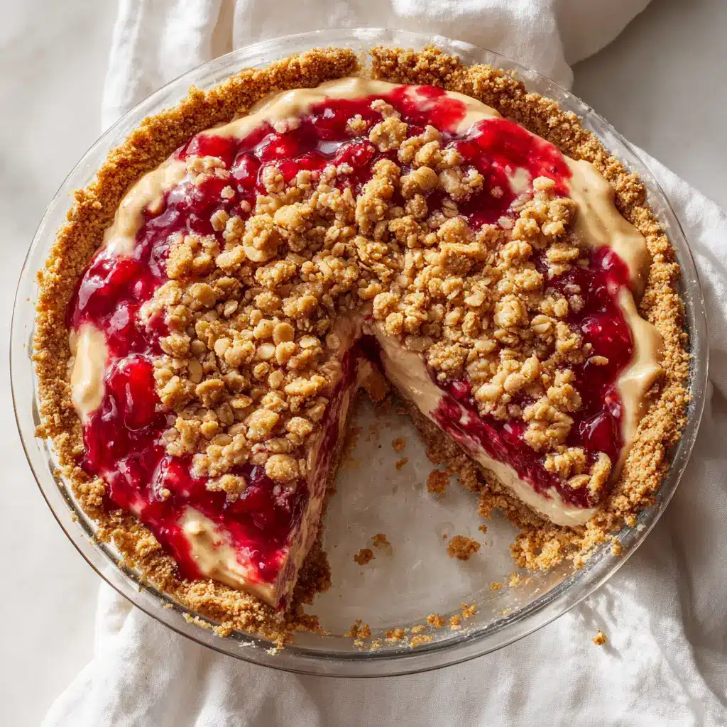 A close-up shot of the creamy texture of the peanut butter filling being swirled with jelly in the pie crust during assembly.