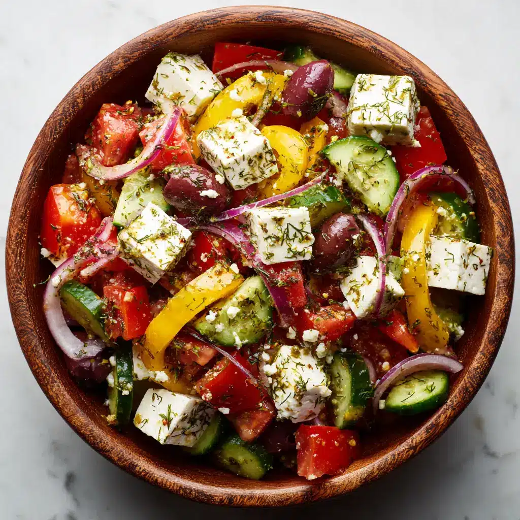 A bowl of marinated tofu feta, crumbled to resemble dairy feta cheese, ready to be added to the dairy-free Greek salad.