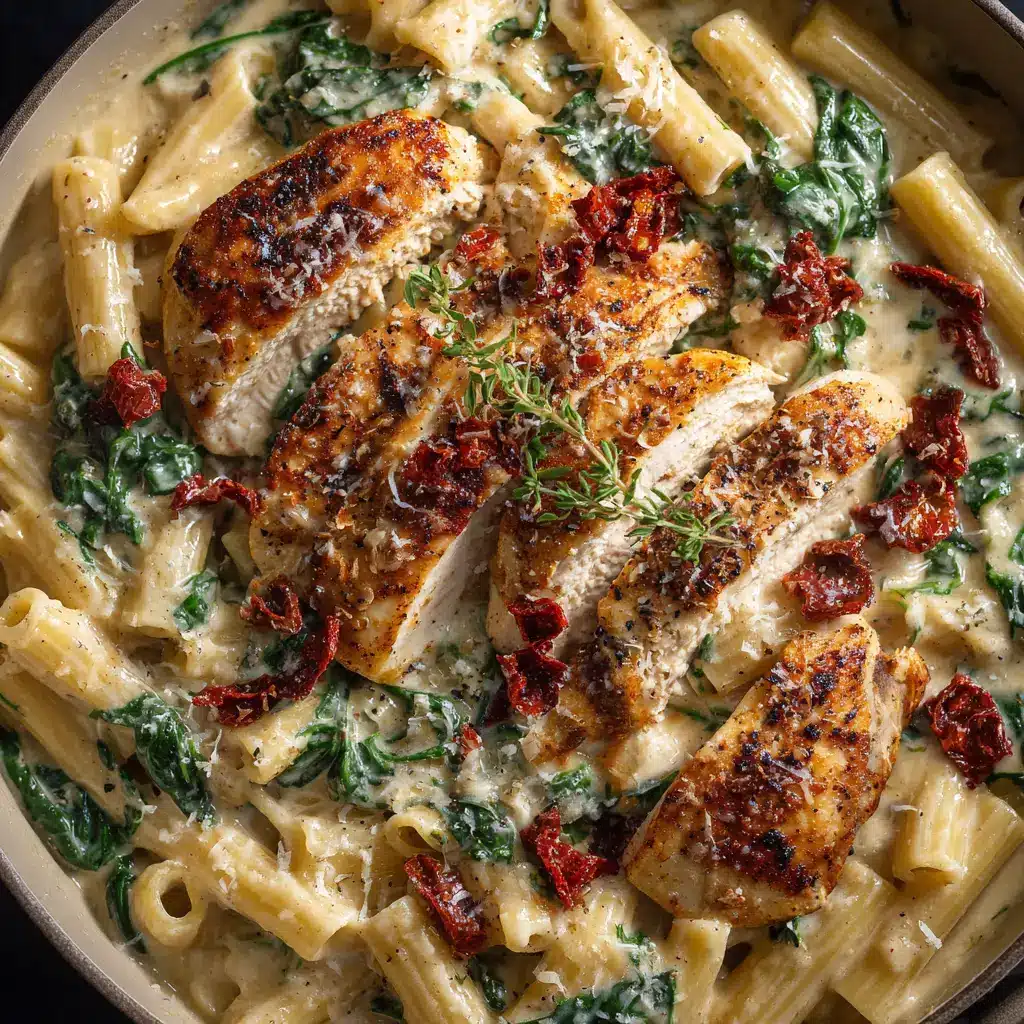 A beautiful overhead view of the finished Marry Me Chicken Pasta in a skillet, garnished with fresh basil leaves before serving.