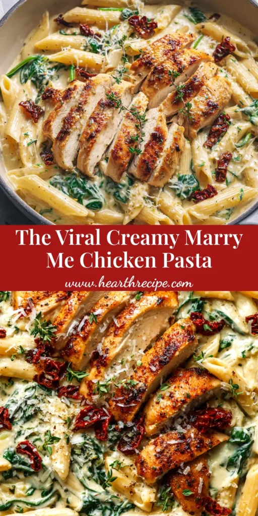A stunning overhead shot of Marry Me Chicken Pasta in a white bowl, showcasing the creamy sun-dried tomato sauce, sliced chicken, and fresh basil.