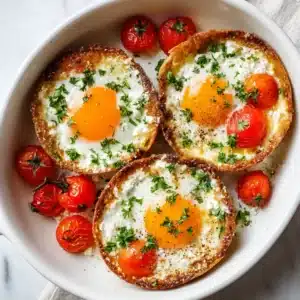 A close-up view of Mediterranean baked eggs with feta and tomatoes, showcasing the creamy texture of the cheese and the bright red of the burst tomatoes.