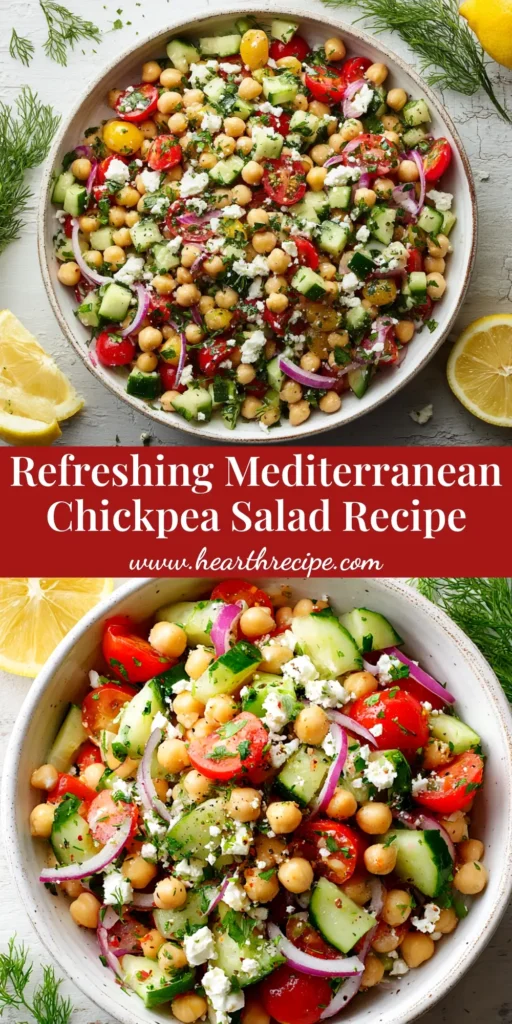 A large white bowl filled with a fresh Mediterranean chickpea salad, topped with feta cheese and parsley. A lemon and pita bread are visible beside the bowl.