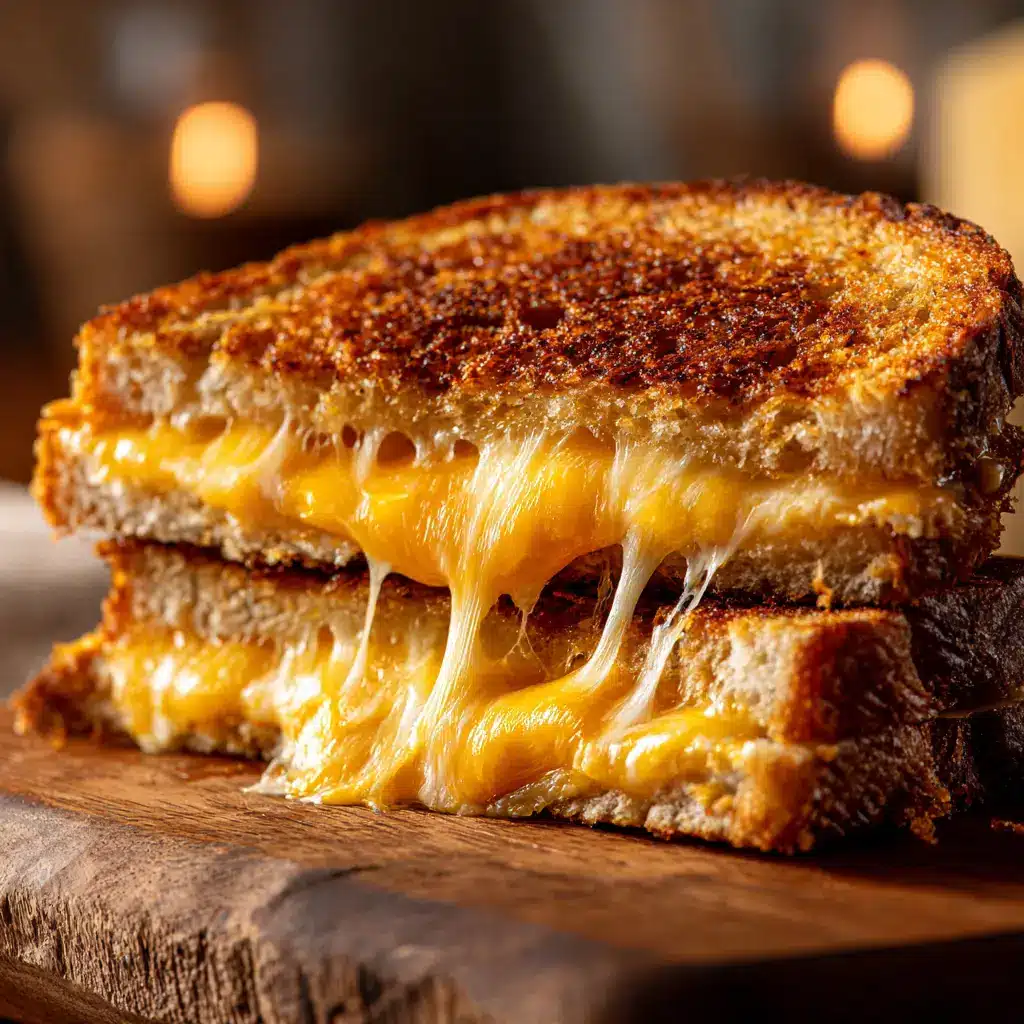 A detailed shot showing the layers of perfectly melted cheddar and provolone cheese inside a homemade grilled cheese sandwich.
