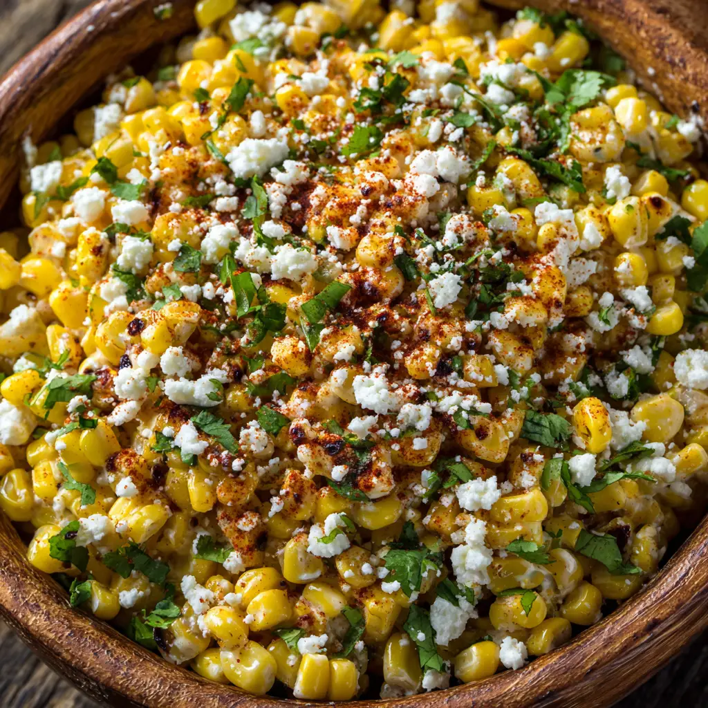 A detailed shot of the ingredients used to make Mexican Street Corn, including fresh corn, cotija cheese, crema, and spices.