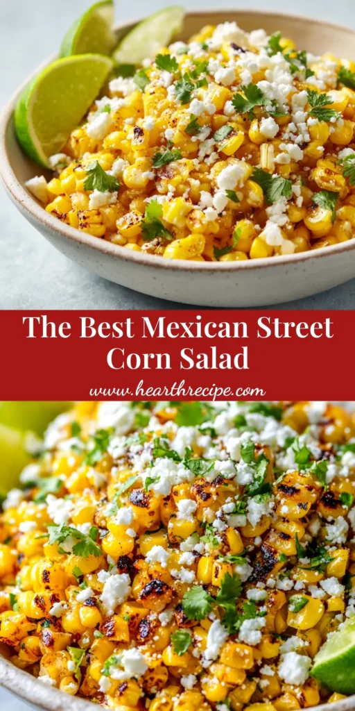 A large white bowl filled with Mexican Street Corn Salad, garnished with cotija cheese and cilantro, with a lime wedge on the side.