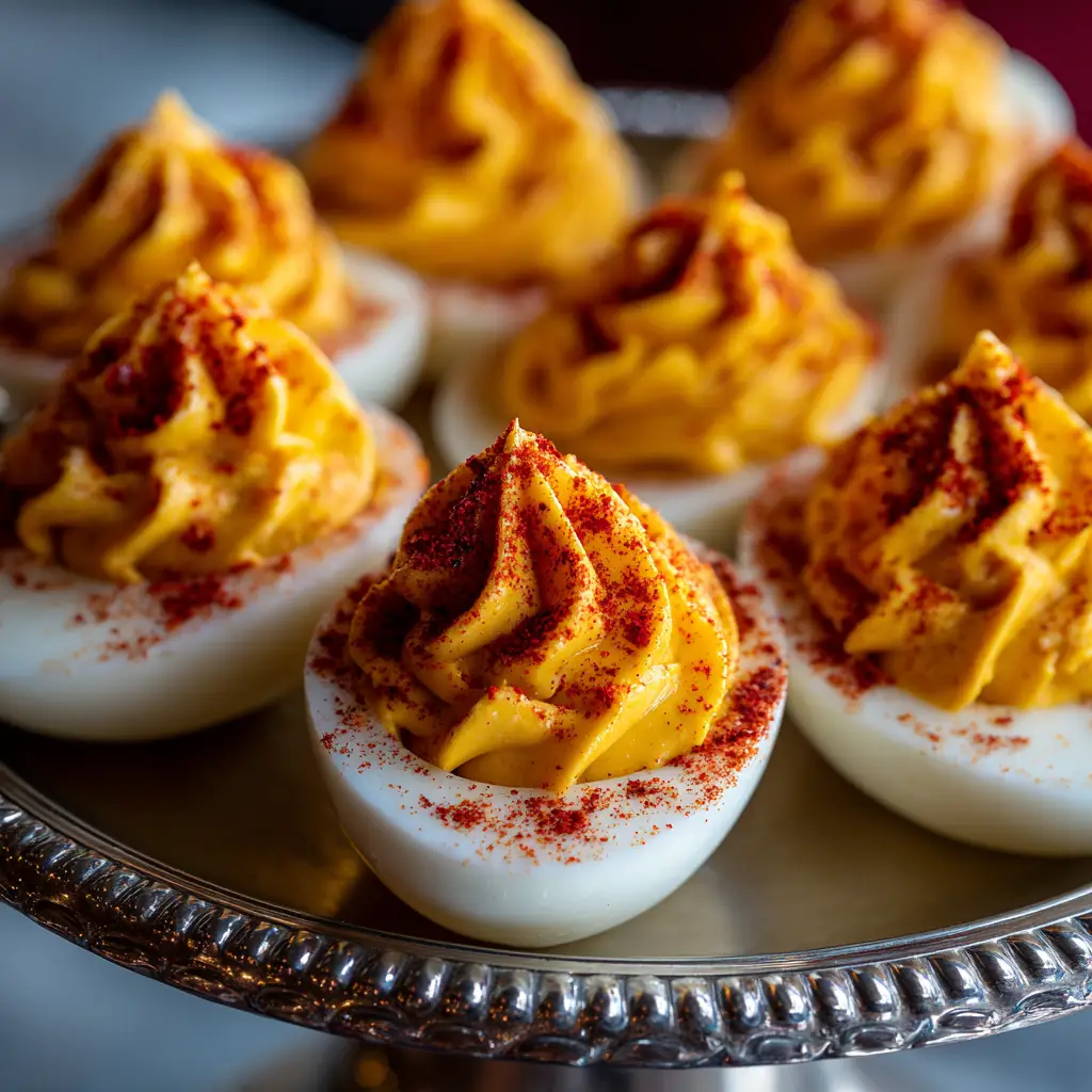 A platter of freshly prepared Million Dollar Deviled Eggs, garnished and ready to be served as the perfect party appetizer.